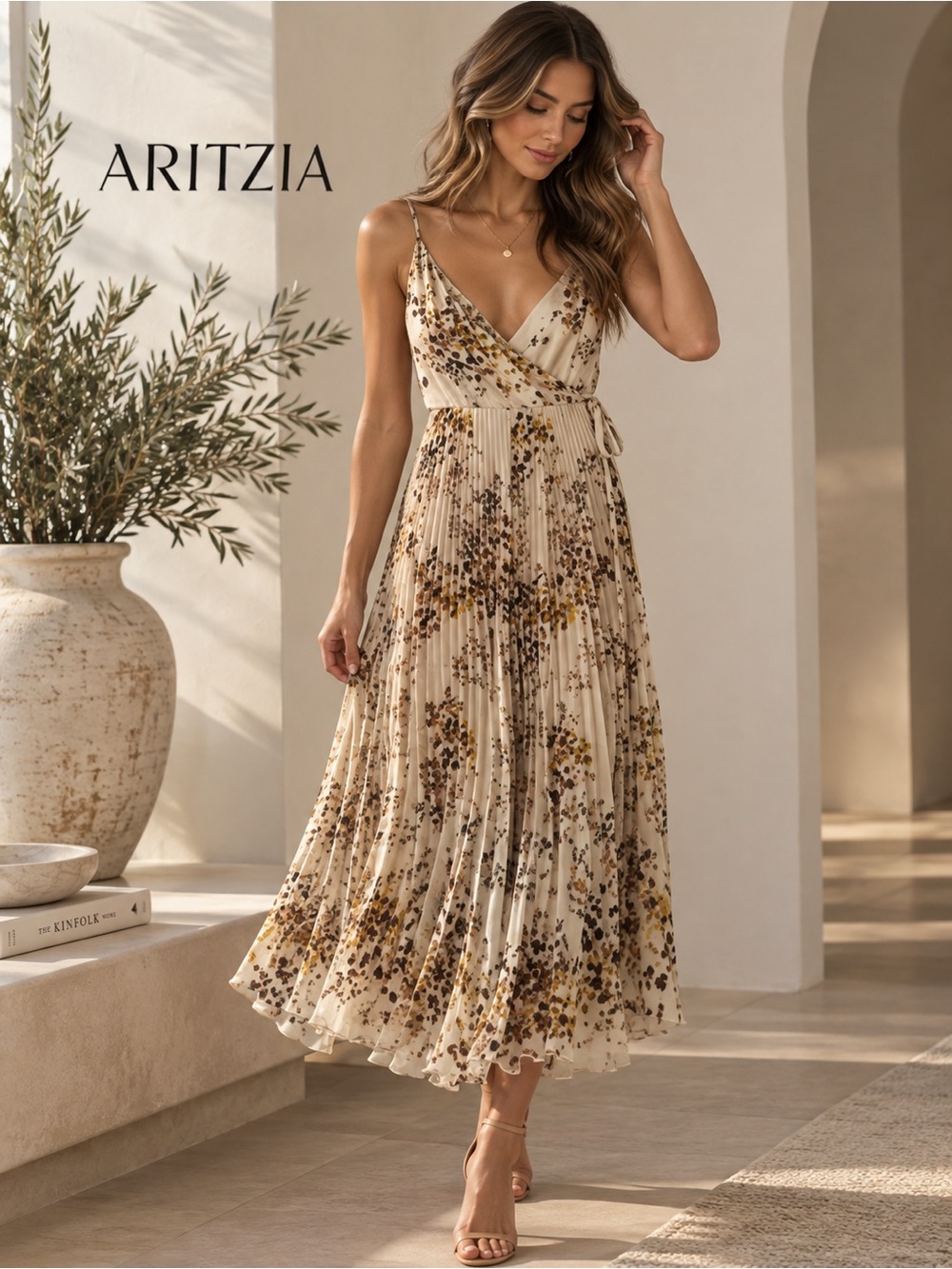 Aritzia Floral Pleated Midi Dress in Cream and Brown Size Small